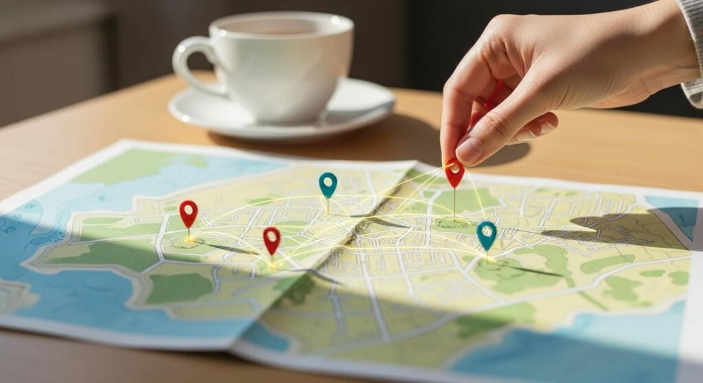 Stylized map on a coffee table with a hand placing four push-pins connected by golden threads, representing a therapist's multi-location targeting strategy for telehealth.