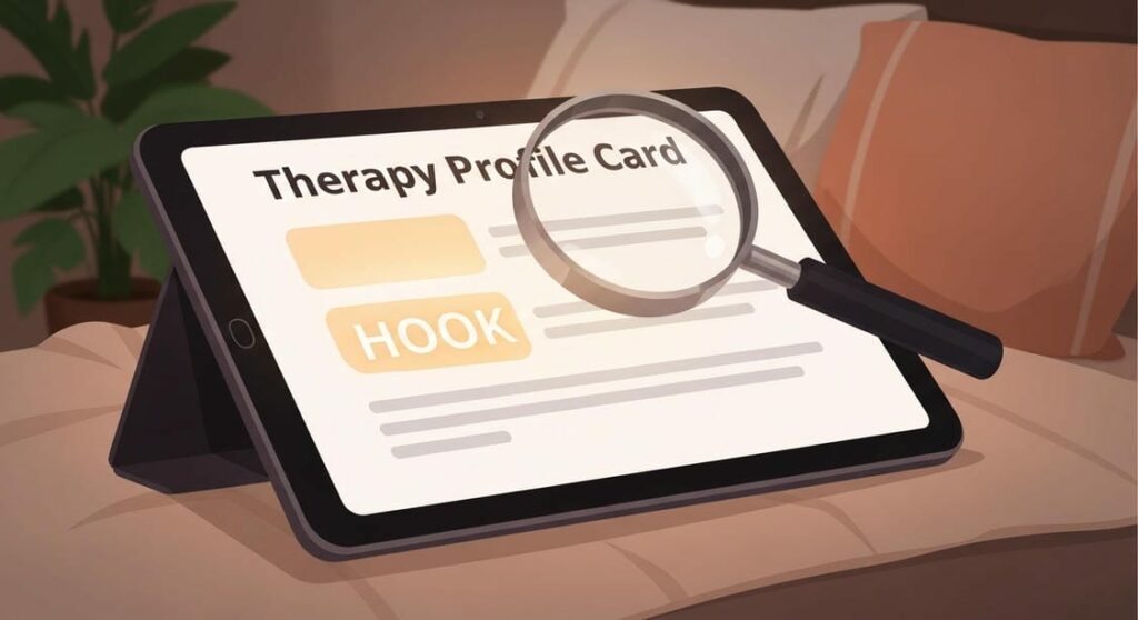 Digital tablet on a soft blanket displaying a Psychology Today profile card. A magnifying glass highlights the first three lines of text, emphasizing the importance of the bio hook.