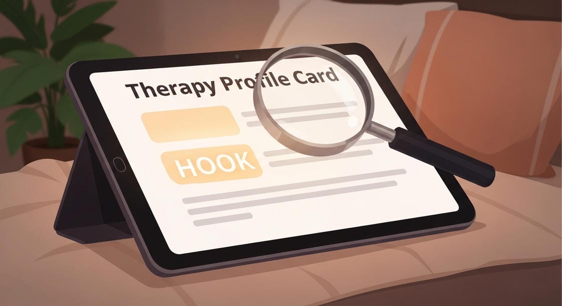 Digital tablet on a soft blanket displaying a Psychology Today profile card. A magnifying glass highlights the first three lines of text, emphasizing the importance of the bio hook.