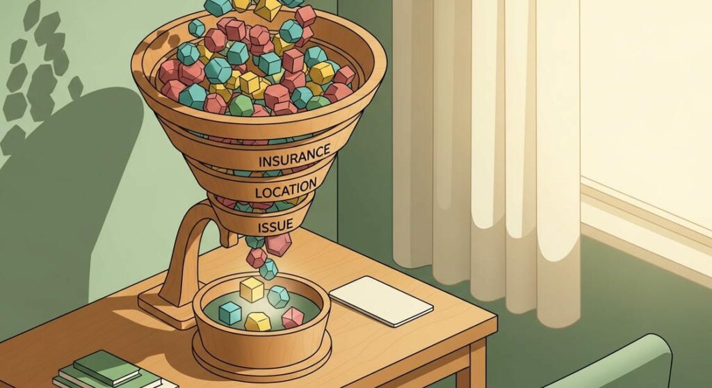 Illustration of a wooden sorting funnel on a desk representing how Psychology Today search filters narrow down therapist options. Colorful shapes pass through layers labeled Insurance and Location, visualizing the client acquisition funnel.