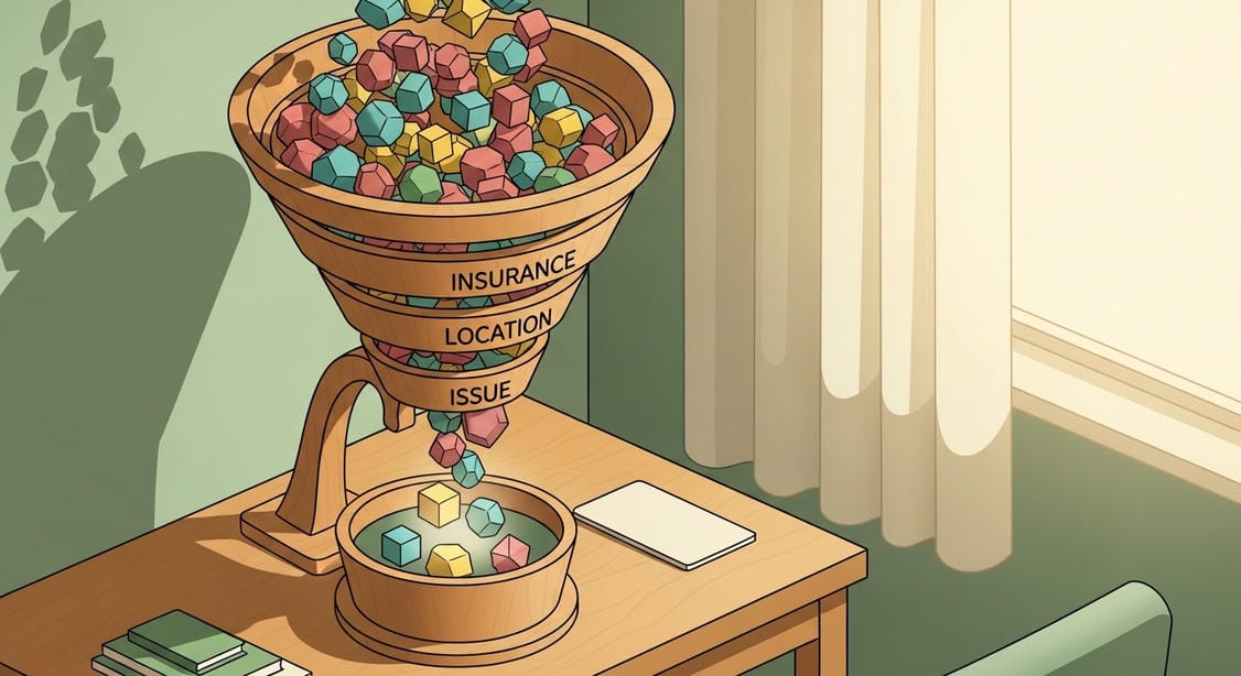 Illustration of a wooden sorting funnel on a desk representing how Psychology Today search filters narrow down therapist options. Colorful shapes pass through layers labeled Insurance and Location, visualizing the client acquisition funnel.