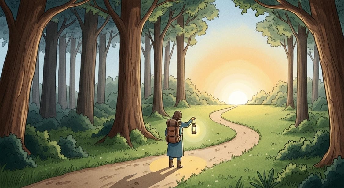 Watercolor illustration of a guide holding a lantern leading a traveler from a dark forest toward a sunlit path, symbolizing the therapist's role in the client's Hero's Journey.